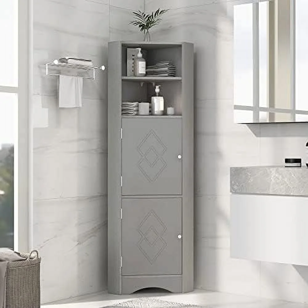 TJUNBOLIFE Corner Cabinet with Doors  Corner Bathroom  Cabinet with 2 Adjustable Shelves  Freestanding Bathroom Floor Corner Cabinet for Kitchen