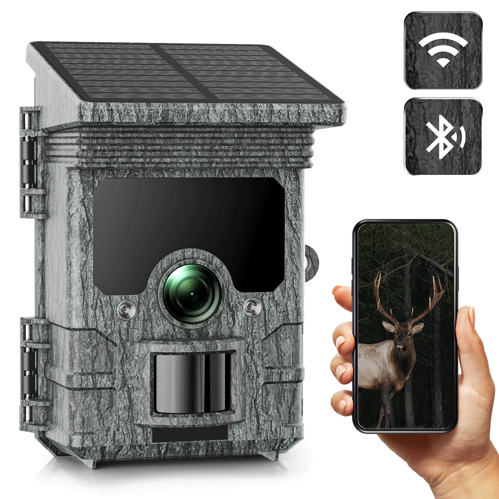 CAMPARK Solar WiFi Trail Camera Native 4K 30fps 46MP Bluetooth Game Camera with Night Vision Loop Recording Waterproof IP66 120° Motion Activated