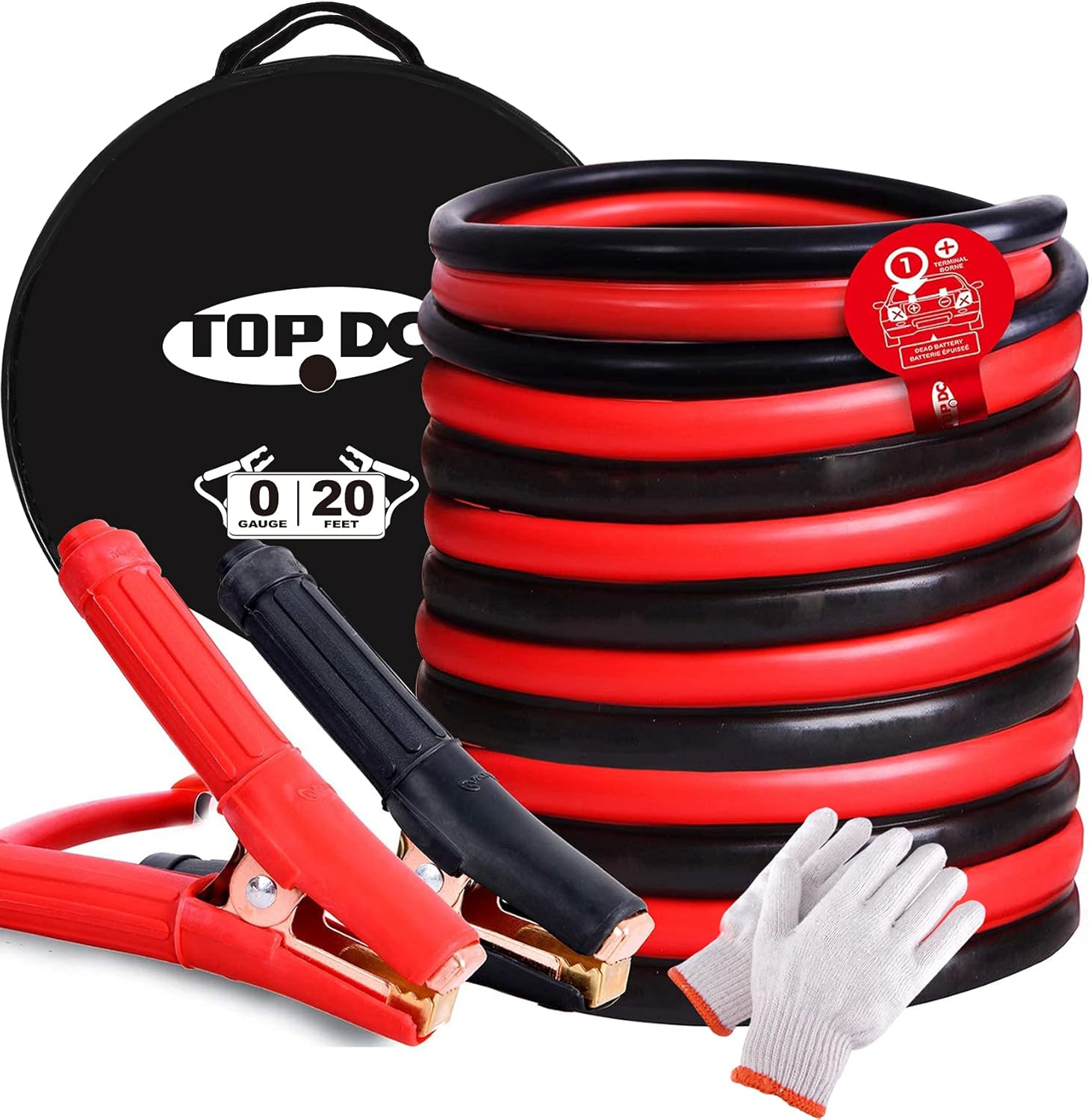 TOPDC Jumper Cables for Car Battery 0 Gauge 20 Feet -40℉ to 167℉ Heavy Duty Booster Cables with Carry Bag (0AWG x 20Ft)