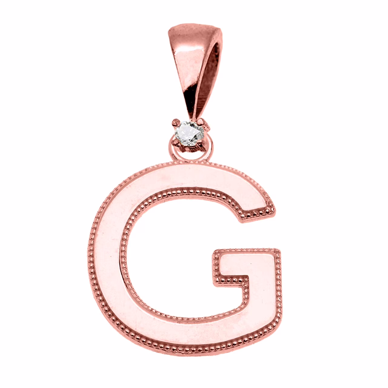 ROSE GOLD HIGH POLISH MILGRAIN SOLITAIRE DIAMOND "G" INITIAL PENDANT NECKLACE