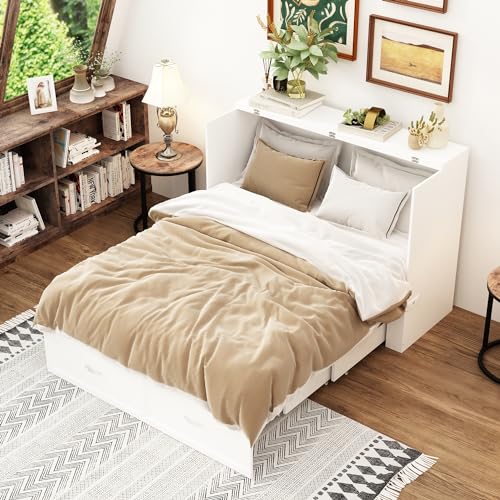 MOUMON Queen Size Murphy Bed with Charging Station, Murphy Bed Cabinet with 1 Drawer, Murphy Bed Queen Murphy Bed Chest with Black Handles