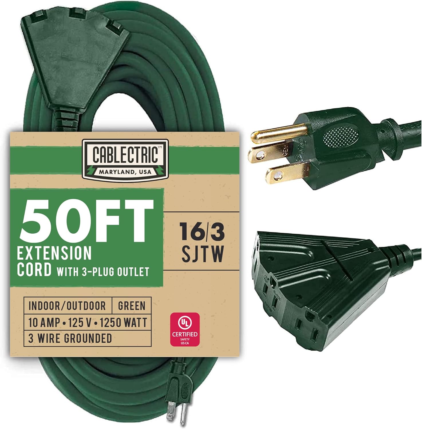 Cablectric 50 Ft Outdoor Extension Cord with 3 Power Outlets