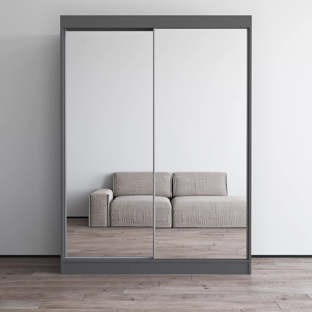 Aria 2 Door 59" Wide Modern High Gloss Wardrobe Armoire, Gray Body with All Mirror Fronts
