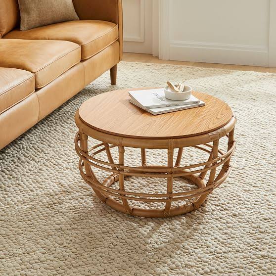 West Elm Savannah Collection Natural Rattan Round 28 inch Coffee Table