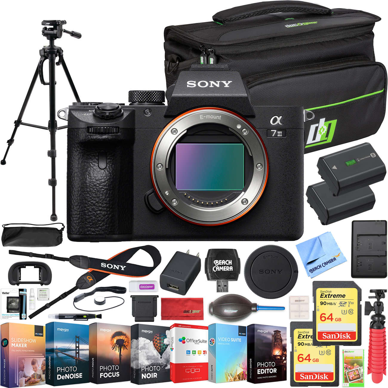 Sony a7 III Full Frame Mirrorless Interchangeable Lens 4K HDR Camera ILCE-7M3 Body Bundle with Deco Gear Travel Bag, 2x 64GB Memory Cards