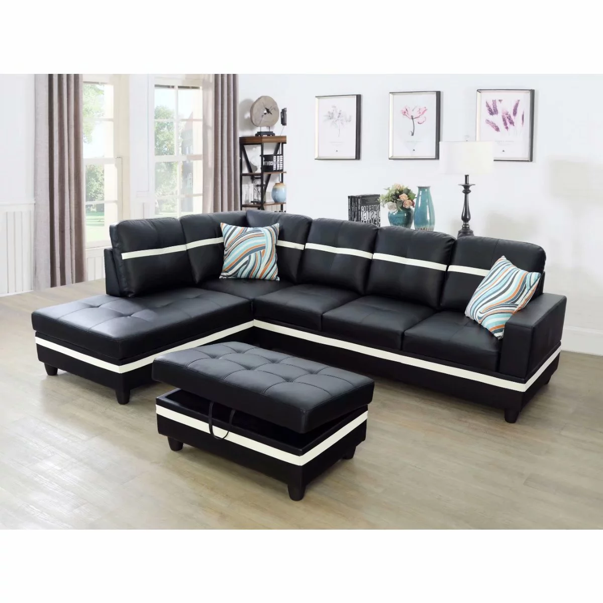 Ainehome Modern Sectional Sofa Set,3PC L-Shaped Living Room Couches,Black Leather