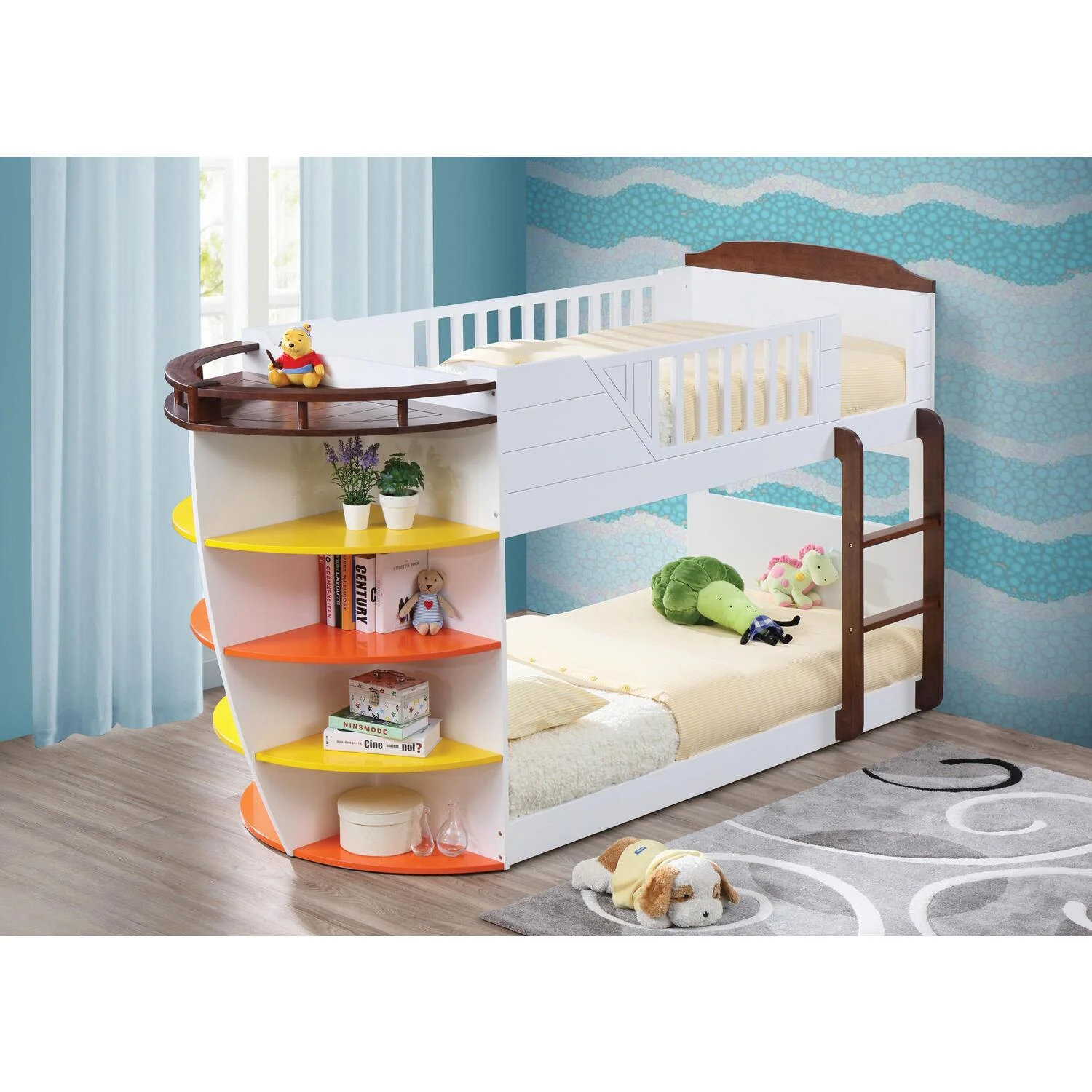 Wooden Twin Twin Bunk Bed with Storage Shelves, White & Chocolate- Saltoro Sherpi