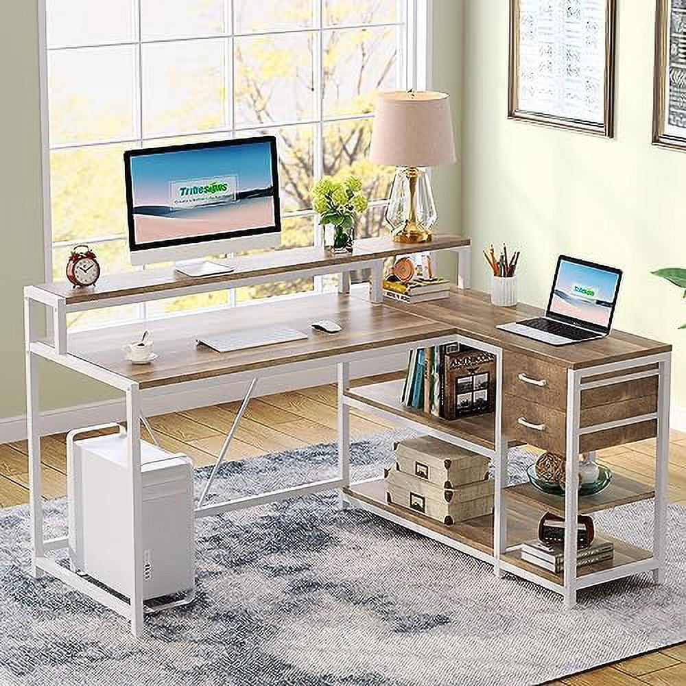 Reversible L Shaped Desk with Drawer  Industrial Corner Desk  Office Table with  Shelves and Monitor Stand  Rustic Wooden and Metal PC Desk for Small