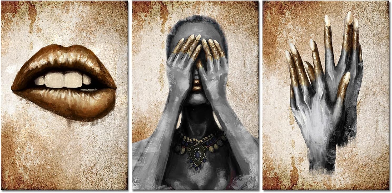 LevvArts 3 Piece African American Wall Art Fashion Black Woman with Golden Lip Nail Painting Poster Canvas Print for Home Beauty Room Bedroom Salon