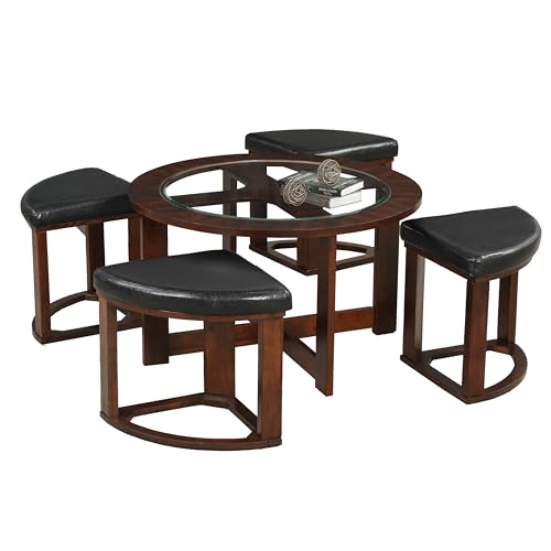 Roundhill Furniture Cylina Solid Wood Glass Top Round Coffee Table with 4 Stools, Espresso