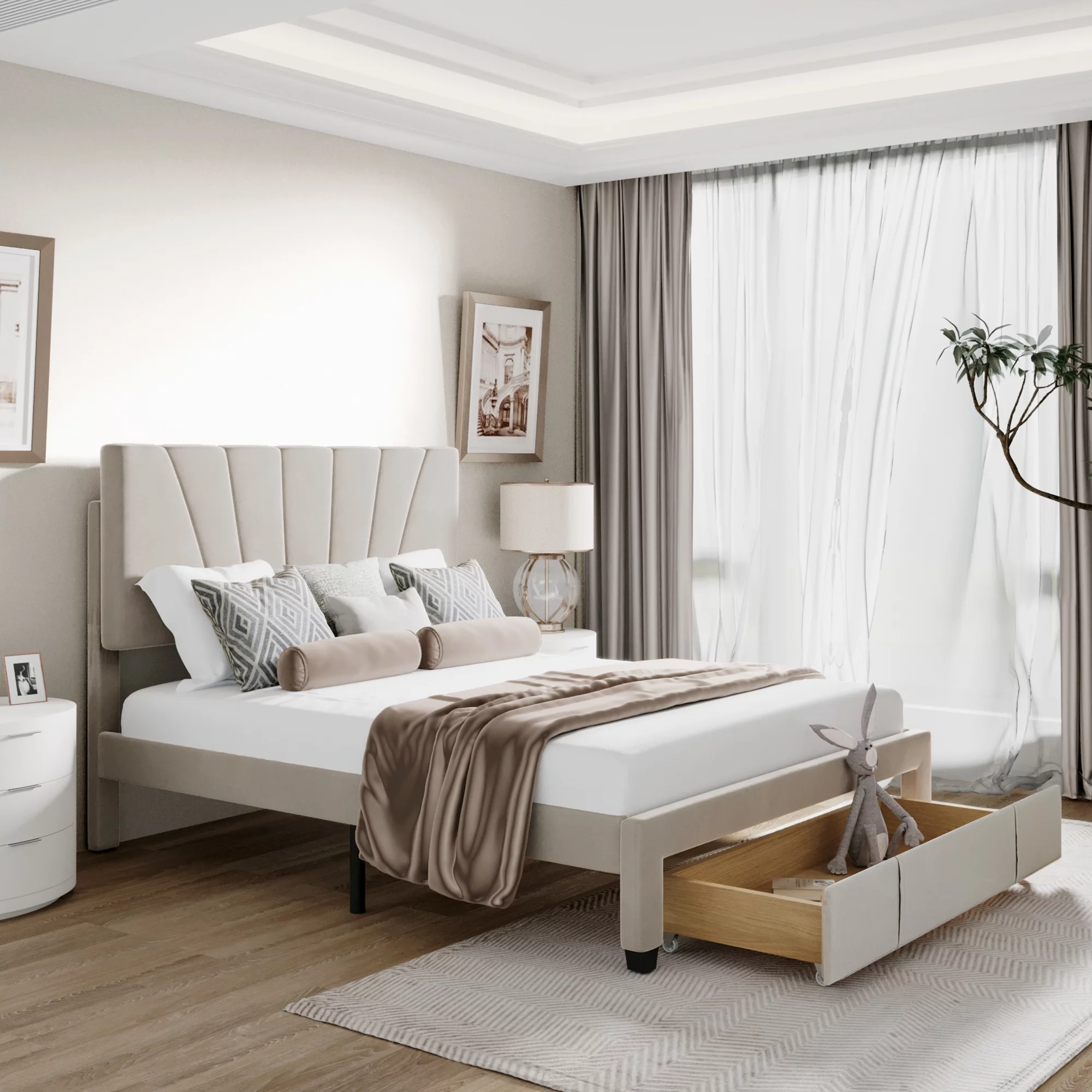 Queen Size Velvet Upholstered Platform Bed