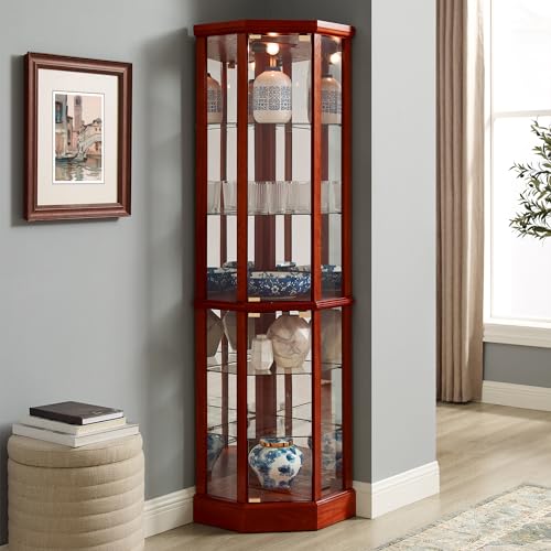 Lighted Corner Display Curio Cabinet Wooden Curved Shelving Unit with Tempered Glass Door, Bar and Liquor Storage Area with 6 Shelves
