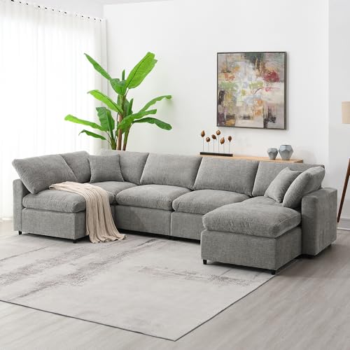 130” Modular Sectional Sofa, Comfy Sectional Couches for Living Room, 6 Seat Sectional Couch with Ottoman, Convertible U Shaped Sectional Sofa