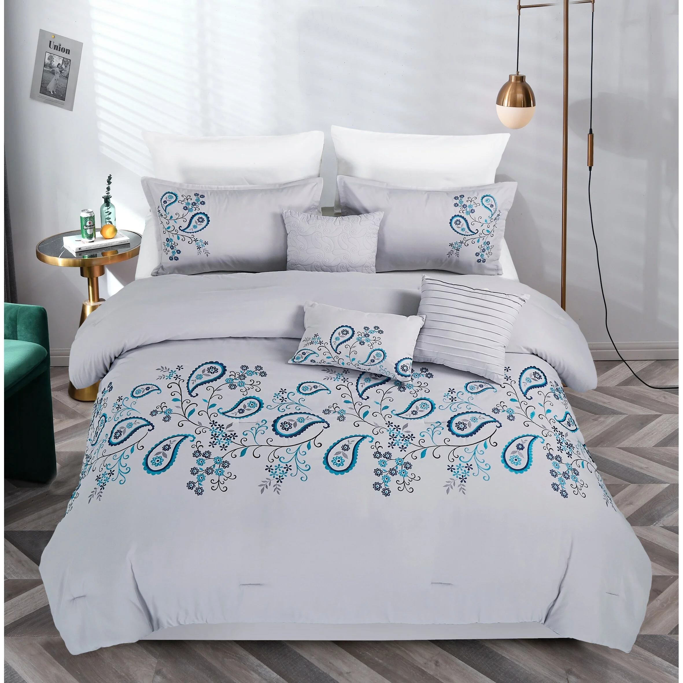 JML 7 Piece Comforter Set Embroidered Bed in a Bag Grey Pesley Queen - Curated Treasures Market