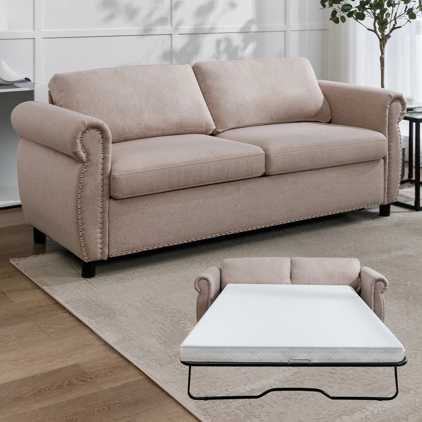 ZAFLY 2-in-1 Queen Size Pull Out Sofa Bed | Convertible Loveseat with Mattress | Sleeper Sofa Couch for Living Room/Apartment, Beige