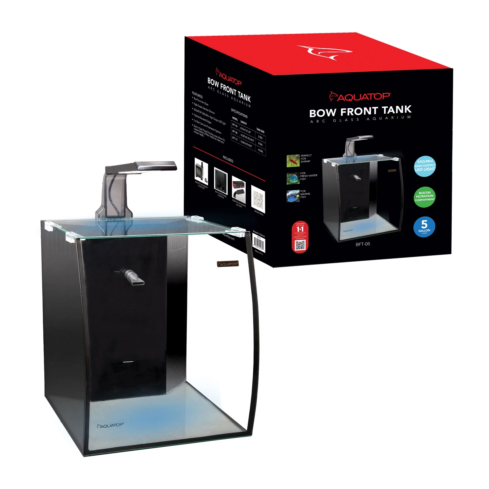 Aquatop Bow Front 5 Gallon Glass Aquarium Desktop Fish Tank, All In One with Pump and LED Light, BFT-05 - Radiant Selections