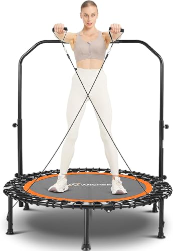 ANCHEER 40" Foldable Mini Trampoline,Max Load 450lbs/550lbs Indoor Trampoline,with 4 Level Adjustable Foam Handle and Resistance Bands