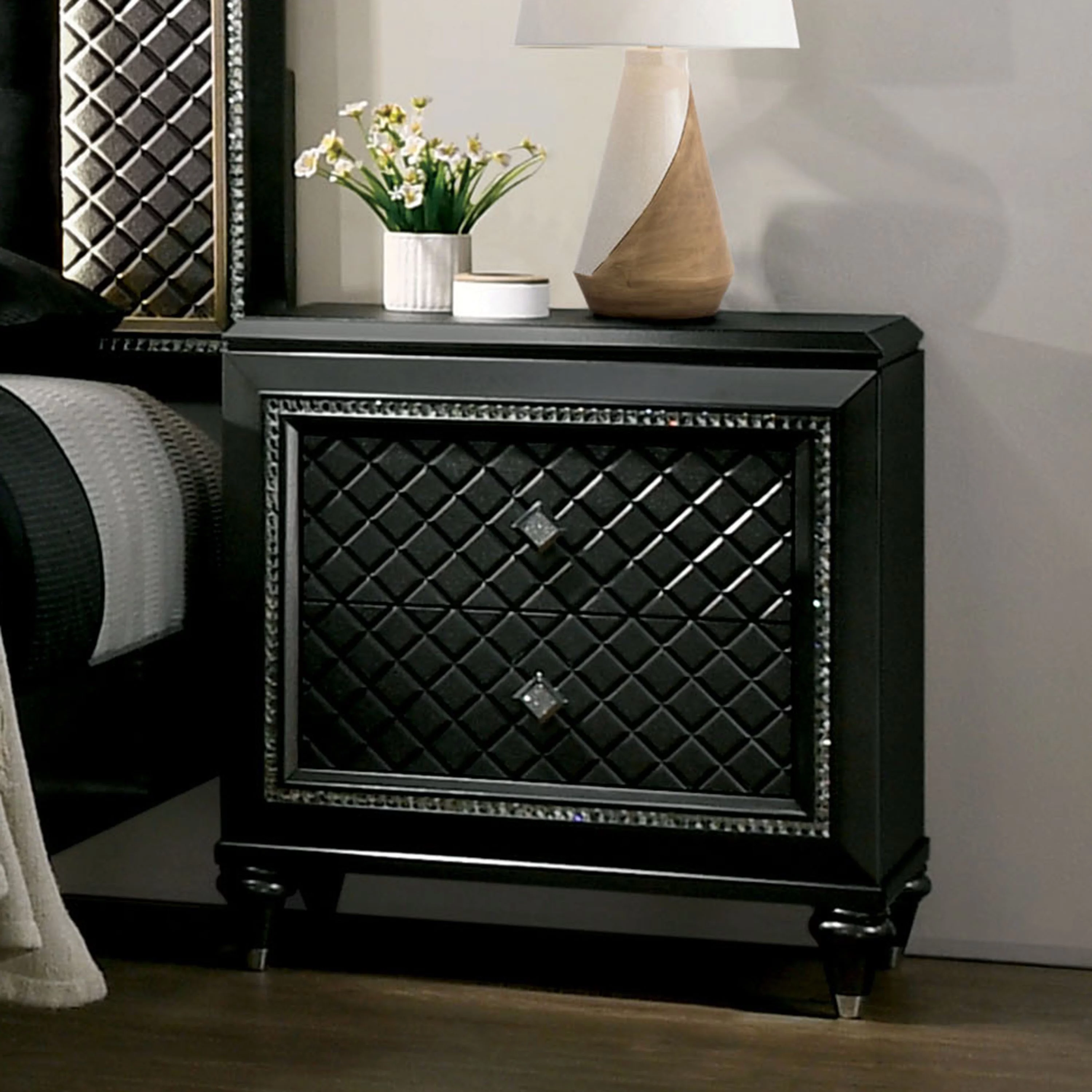 Furniture of America Braylene Glam Nightstand with 2-Drawer, Metallic Gray