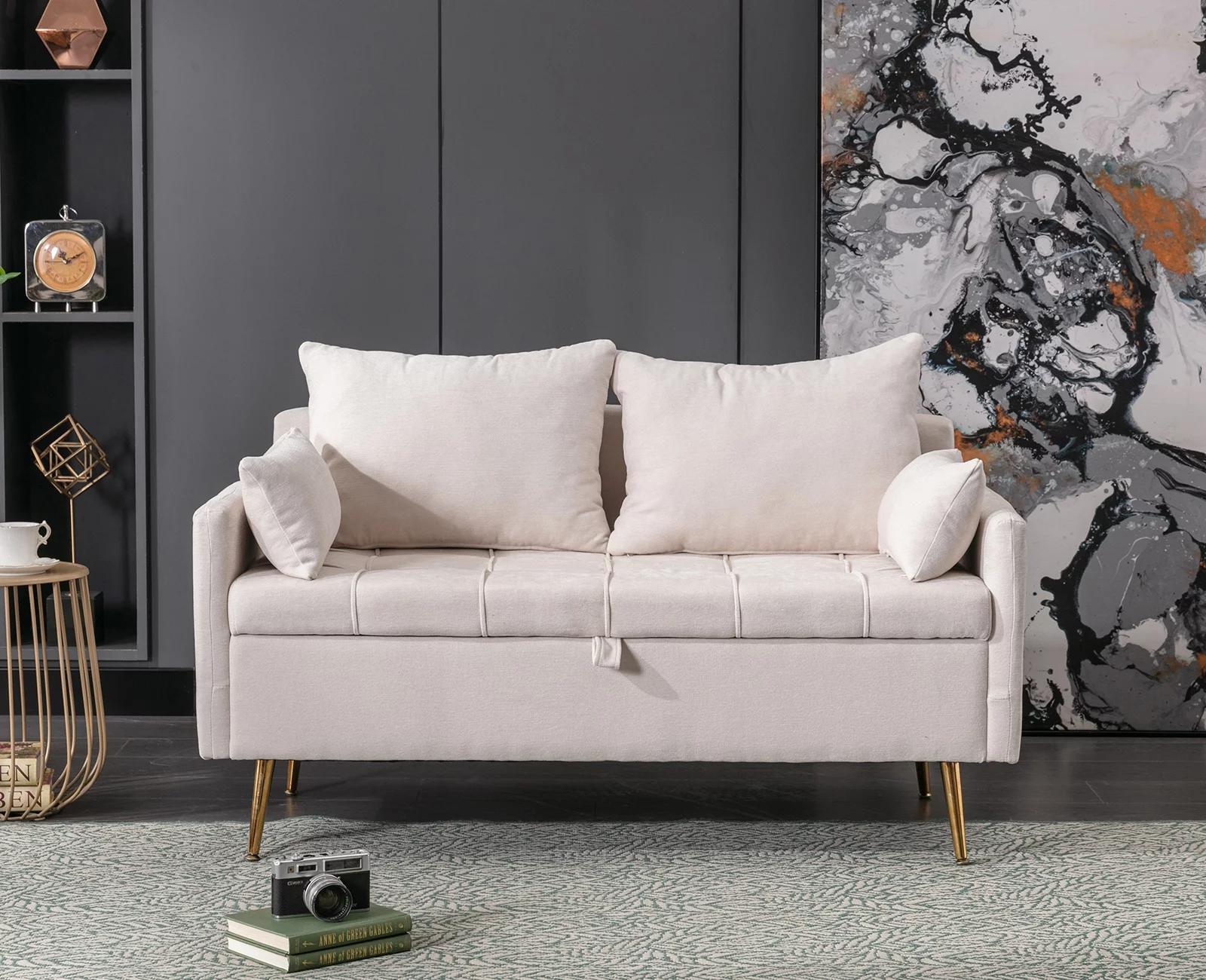 Guyou Modern Chenille Loveseat Sofa, 53" Sofa Couch 2 Seat Loveseat with Storage Space and Pillows
