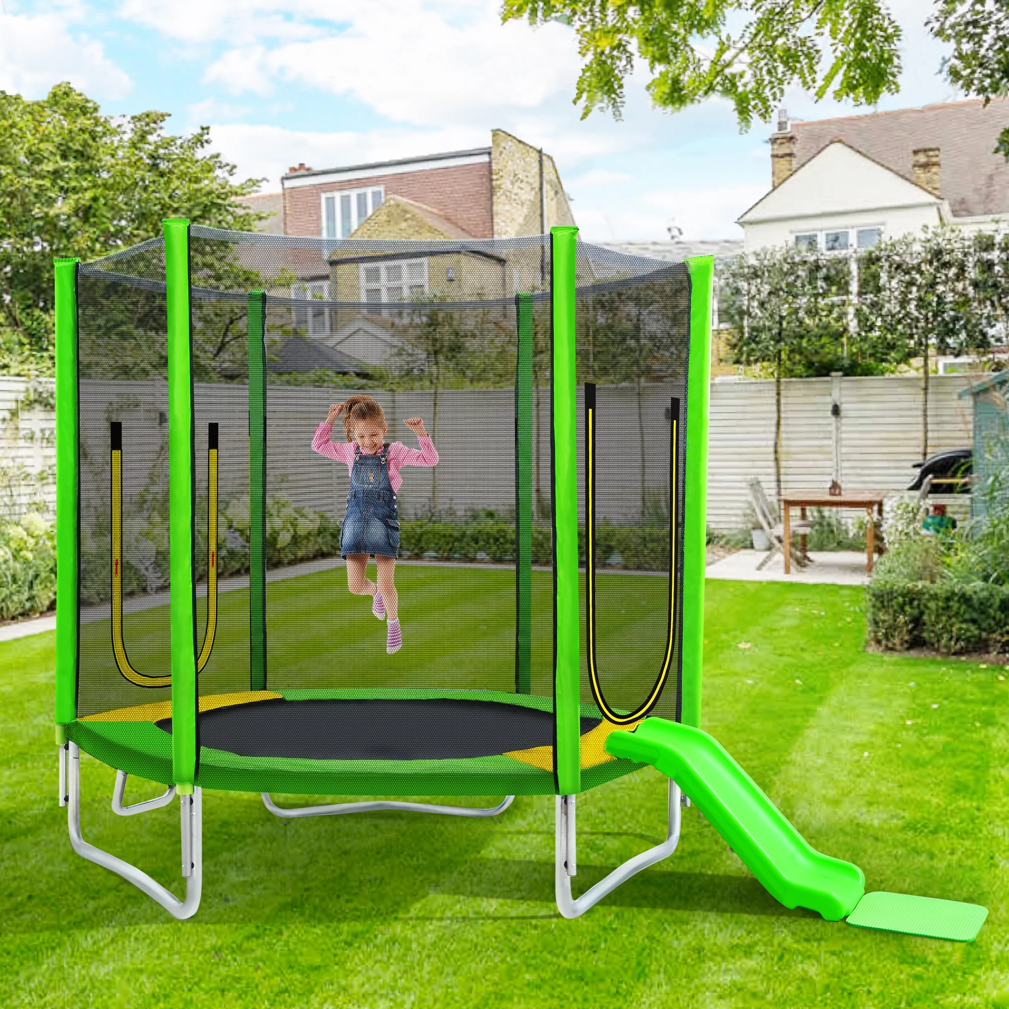 EUROCO 800LBS 7FT Kids Trampoline with Safety Enclosure Net, Indoor Outdoor Trampoline with Slide,Ladder,Spring Pad
