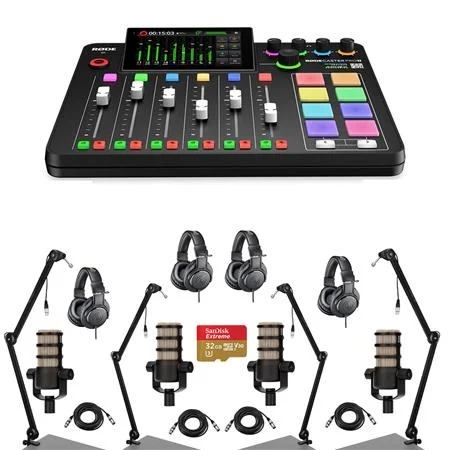 RODECaster Pro II Integrated Audio Production Studio Console Bundle with 4x PodMic Microphone, 4x TAPH500 Headphones, 4x Broadcast Arm