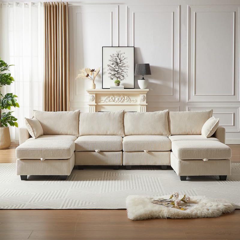 U Shaped Modular Sectional Sofa Couch, Corner Sofa with 4pcs Waist Pillows, Chaise Lounge, Terrycloth Fabric Sofa