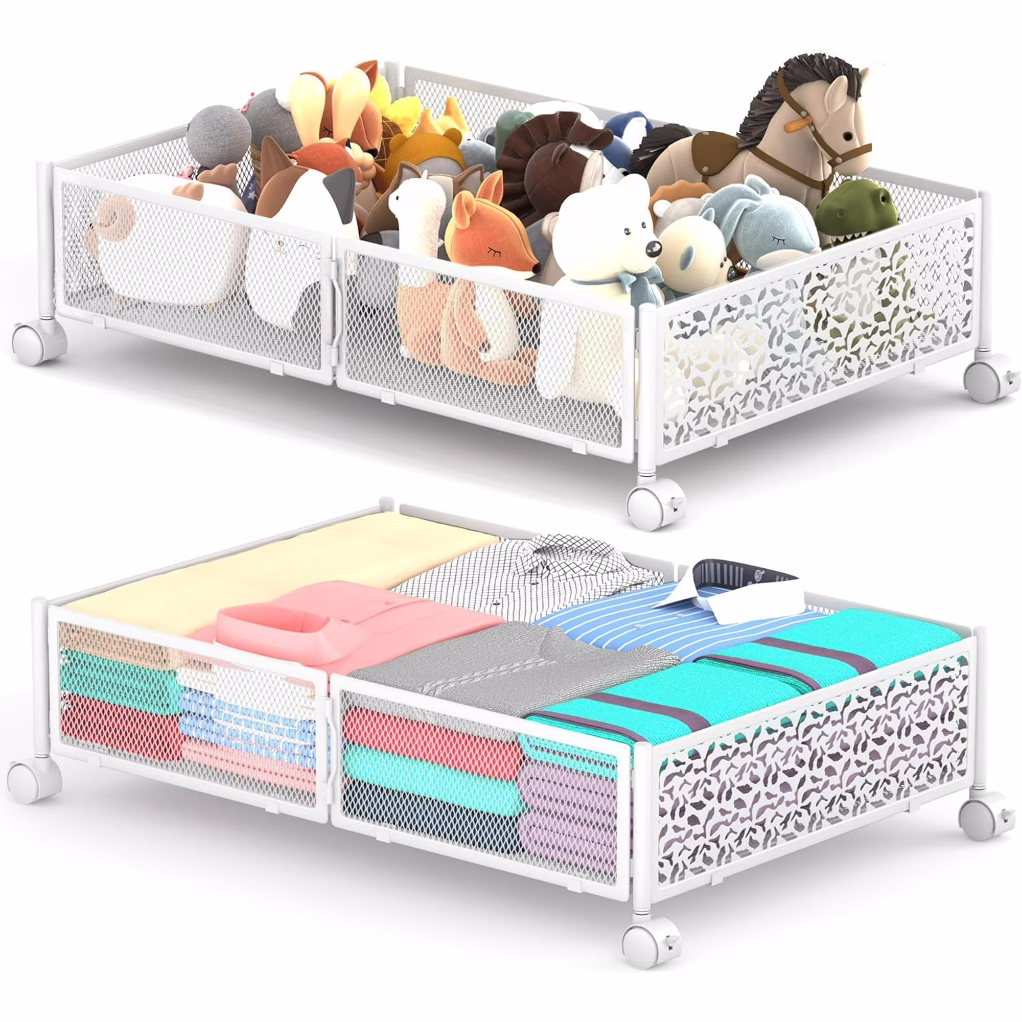 Under Bed Storage with Wheels, 2 Pack Foldable Metal Under Bed Storage Containers, 60L Rolling Underbed Storage