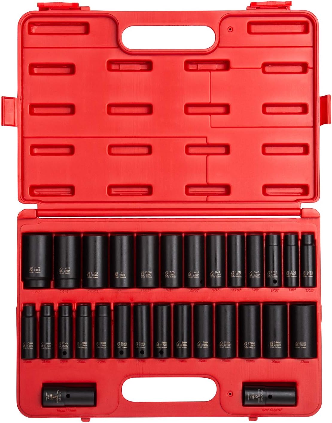 Sunex 5153DD, 1/2 Inch Drive Master Impact Socket Set, Double Deep, 29-Piece, SAE/Metric, 7/16 - 1-1/4, 10mm-27mm, Cr-Mo Steel, Radius Corner Design