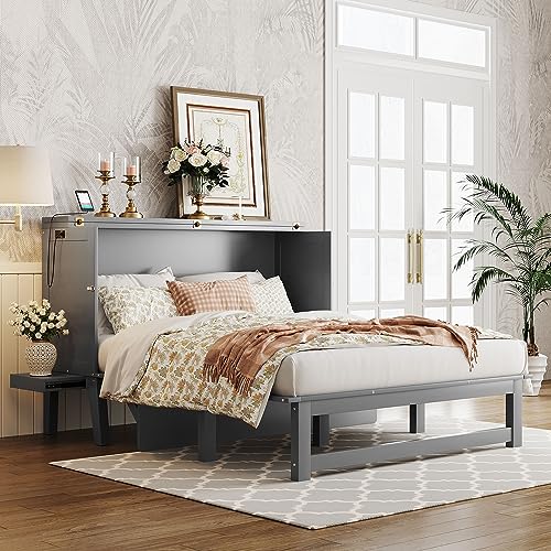 XD Designs Modern Full Size Murphy Bed with Cabinet and Drawers, Traditional Solid Wood Murphy Bed Chest, Can be Folded into a Wardrobe
