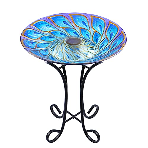 MUMTOP Outdoor Glass Bird Bath Solar Birdbaths with Metal Stand for Lawn Yard Garden Peacock Decor,18” Dia 21.65” Height
