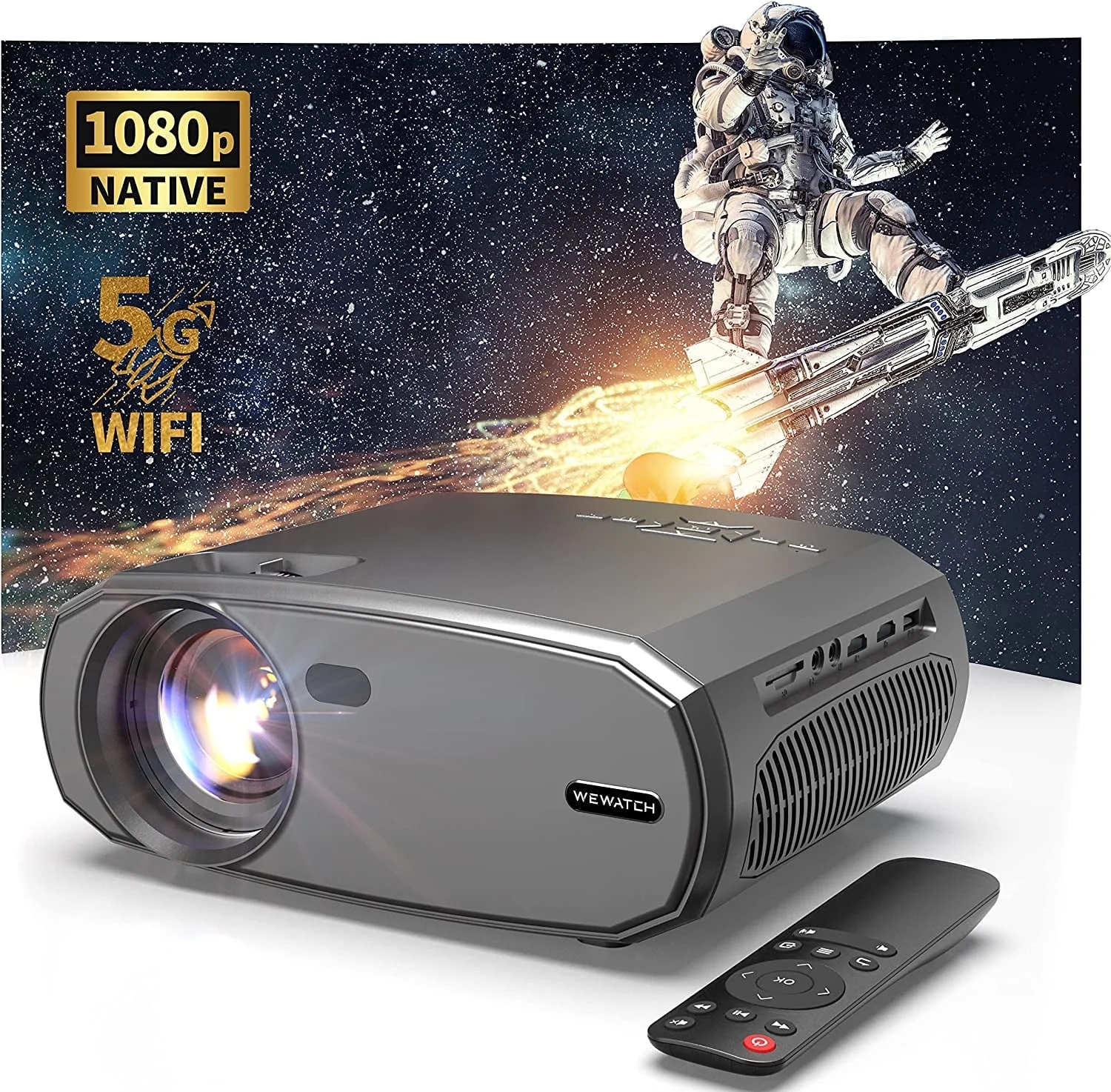 WEWATCH 15000 Lumens Outdoor Movie Projector with 5G WiFi Bluetooth, Keystone Correction & 100% Zoom, 230 ANSI Lumen 1080P Projector