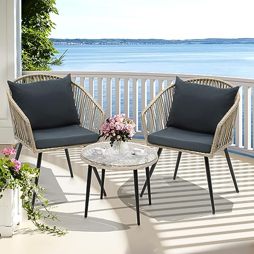 YITAHOME 3-Piece Outdoor Patio Furniture Wicker Bistro Set, All-Weather Rattan Conversation Chairs for Backyard, Balcony and Deck with Soft Cushions