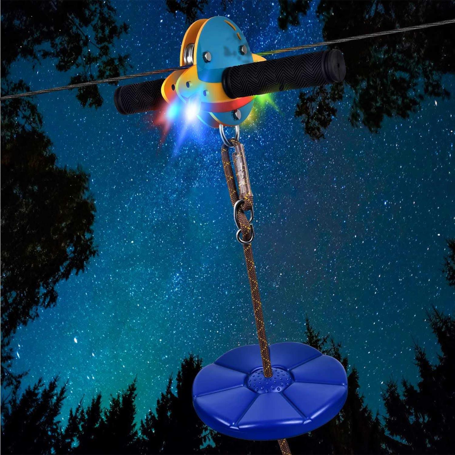 100FT Zip Lines for Kids and Adults Outdoor, ZEROMX Zipline Kits for Backyard Up to 330 LBS with UFO Light Up Zipline Trolley and Thickened Zipline