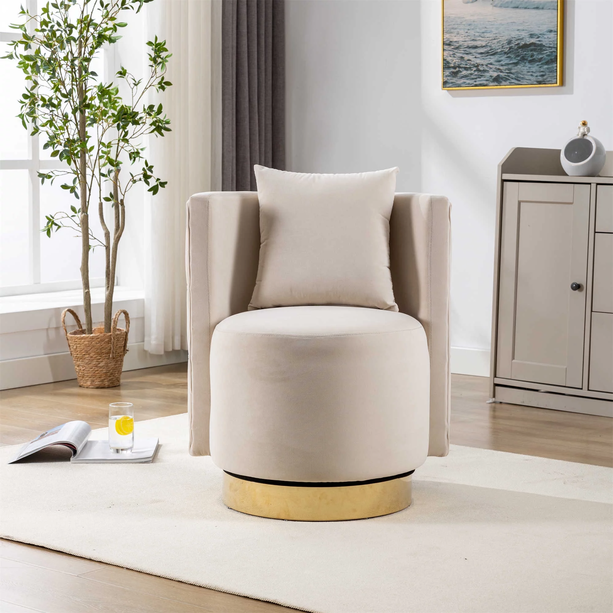 360 Degree Swivel Accent Chair, Swivel Cuddle Barrel Accent Sofa Chair with Cushion and High Backrest, Fluffy Velvet Fabric Chair for Nursery