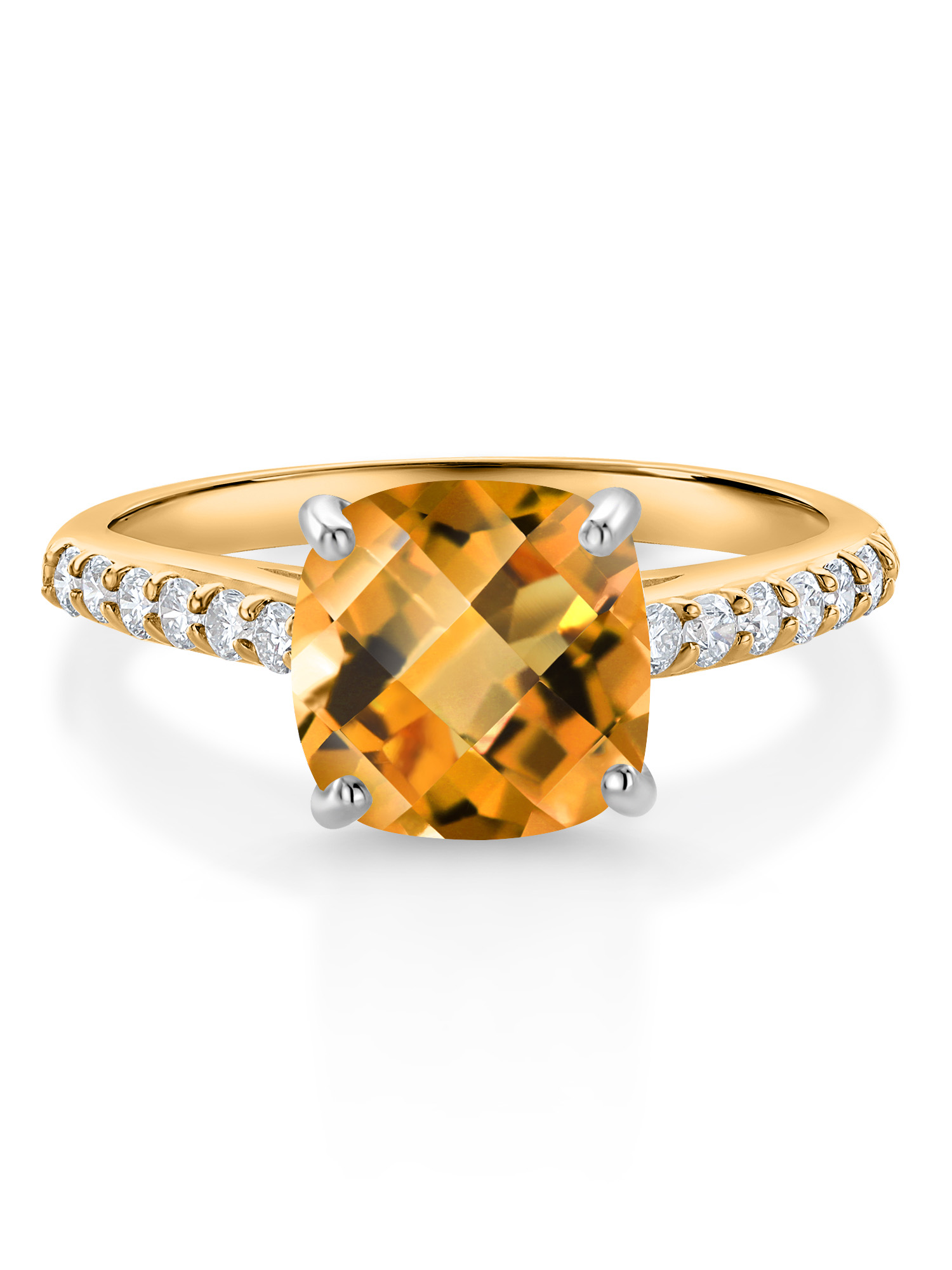 10K Yellow Gold 8MM Cushion Checkerboard Cut Yellow Citrine and White Lab Grown Diamond Engagement Ring For Women (2.18 Cttw
