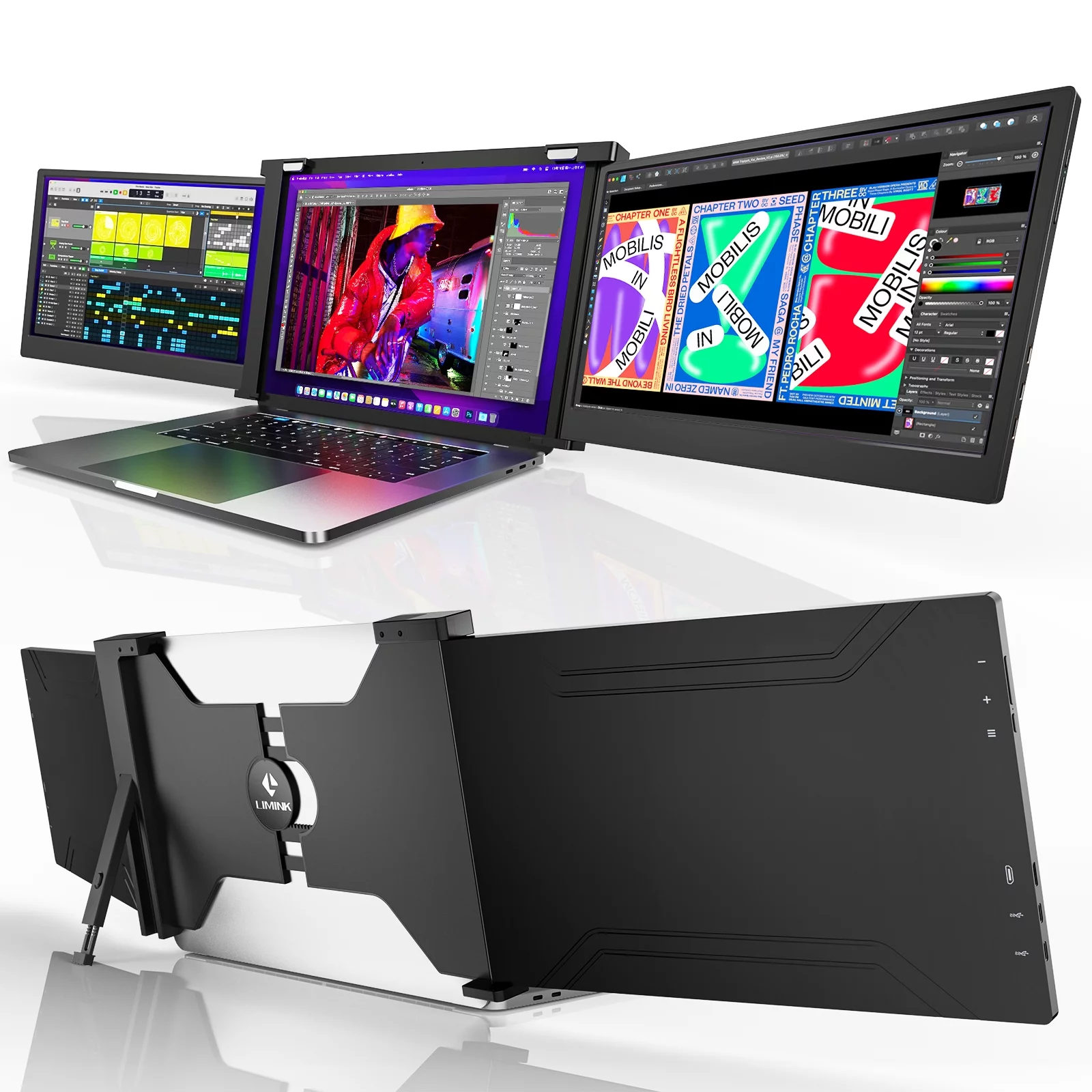 LIMINK Portable Triple Monitor, 14" FHD HDR IPS Screen Extender for 15-17" Laptop, Tri Screen Monitor Workstation, Plug&Play