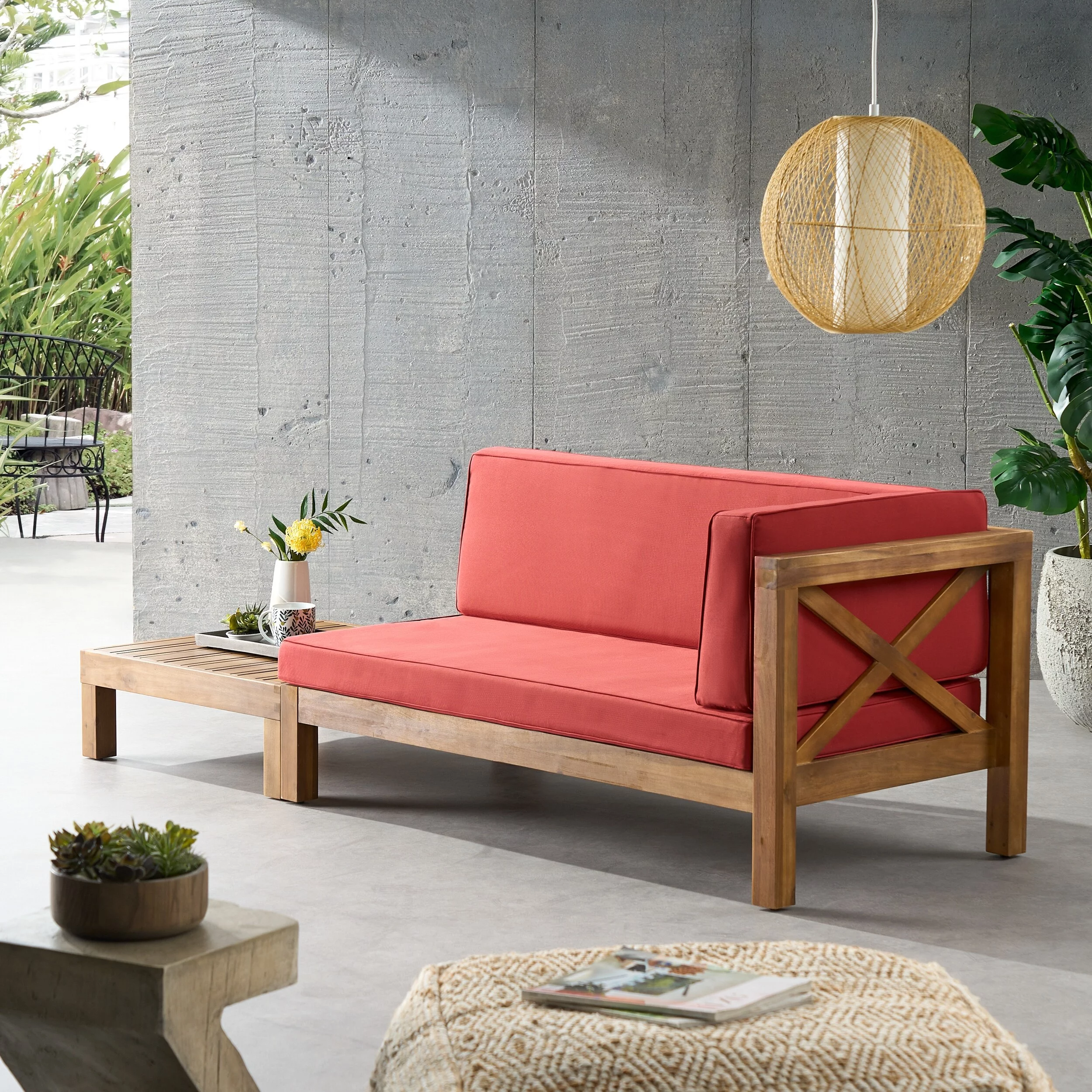 Christopher Knight Home Brava Outdoor Acacia Wood Right Arm Loveseat and Coffee Table Set with Cushion  by  Teak/ Red