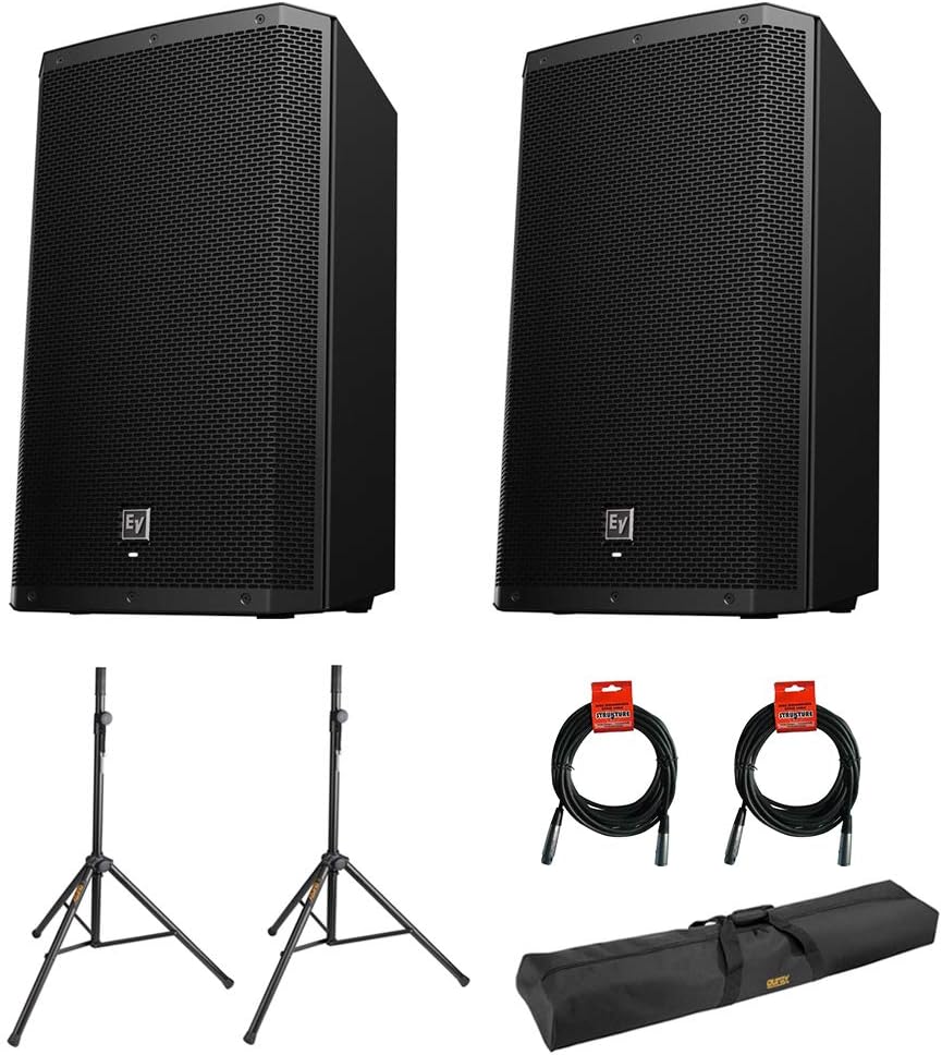 Electro-Voice ZLX-15BT 15 2-Way 1000W Bluetooth Powered Loudspeaker (Pair) with 2X Steel Speaker Stand, Stand Bag 51& 2X XLR Cable Bundle