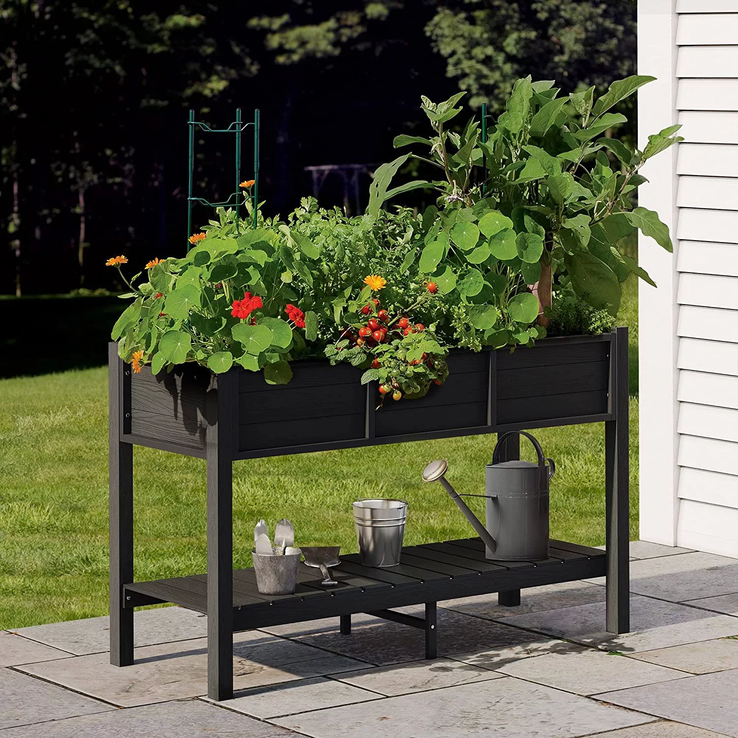 DWVO Outdoor Elevated Raised Garden Bed Planter Box with Legs & Shelf for Vegetables,Black