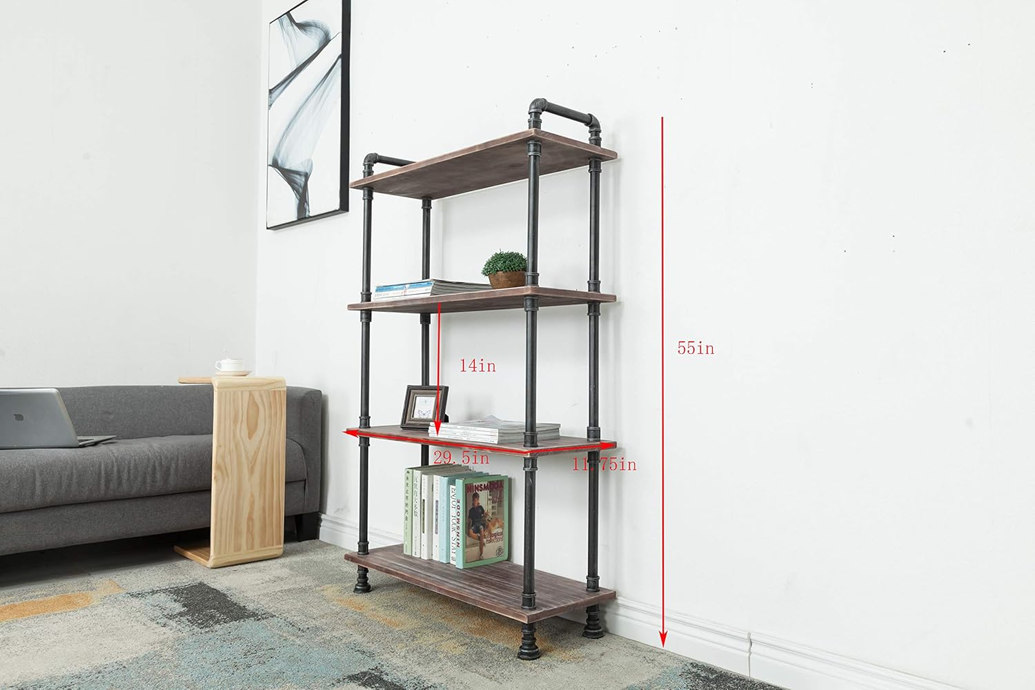 Industrial Bookcase, Solid Pine Open Wood Shelves, Rustic Modern Industrial Pipe and Solid Wood Style Bookshelf (4-Layers)