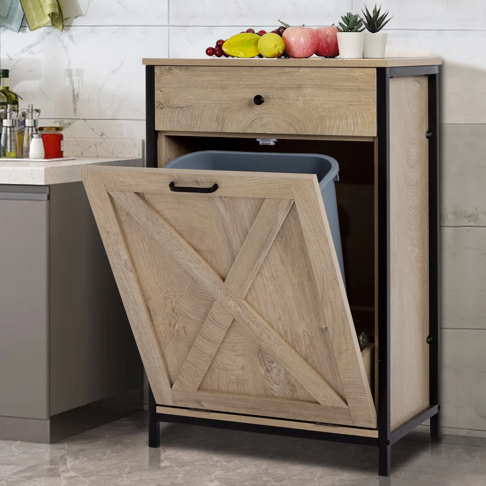 Eclife 10 Gallons Tilt Out Trash Cabinet Rustic Wood Barn Door Style Kitchen Island Storage with Solid Hideaway Drawer