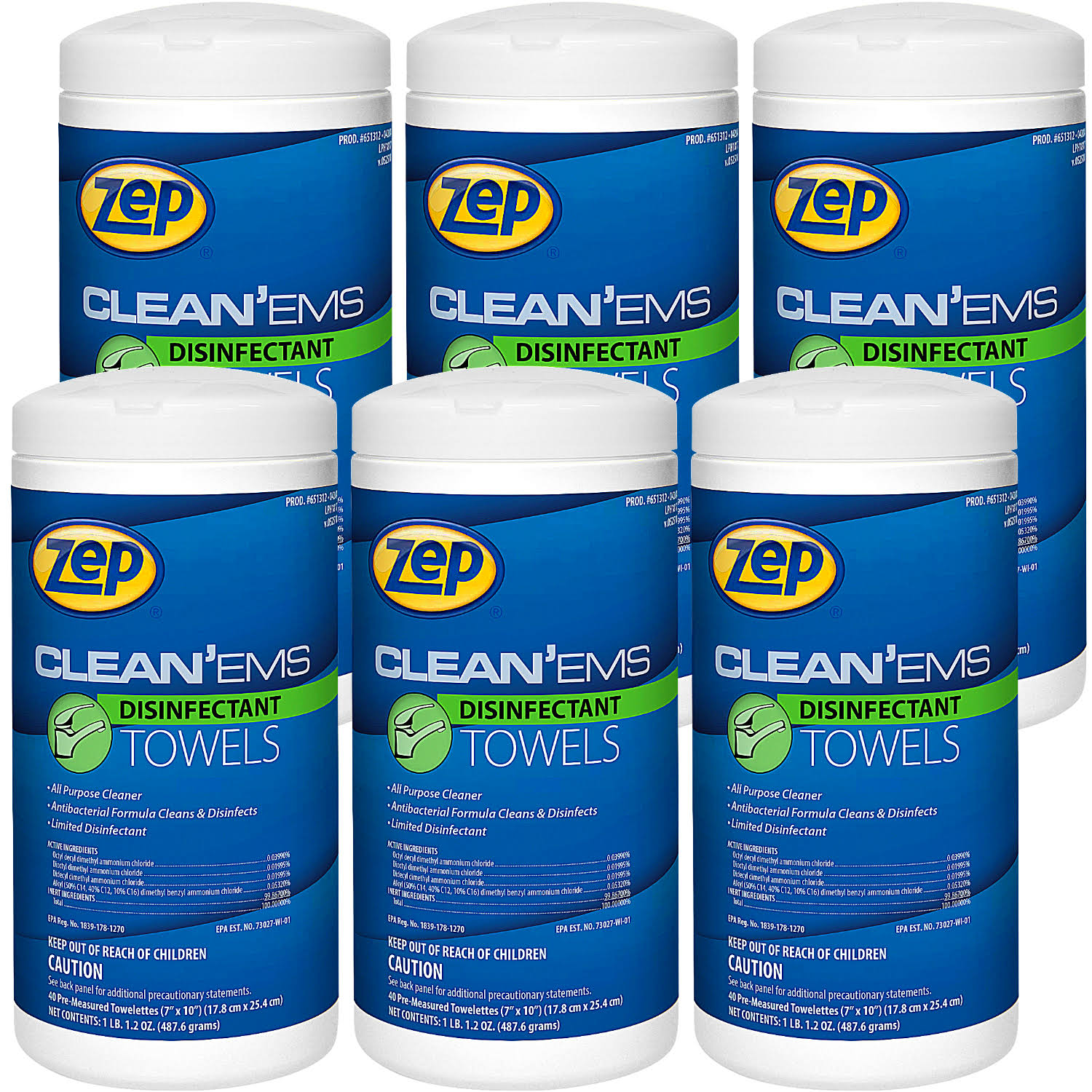 Zep Disinfectant and Sanitizing Wipes (40 Wipes per Canister) - Case of 6 Kills 99.9% of Germs - EPA Registered