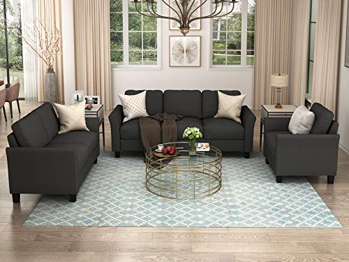 UBGO Living Room Furniture, 3-Piece, Modern Style Button Arm Chair Loveseat Sofa Sectional Couch Set with Tufted Cushions, Beige