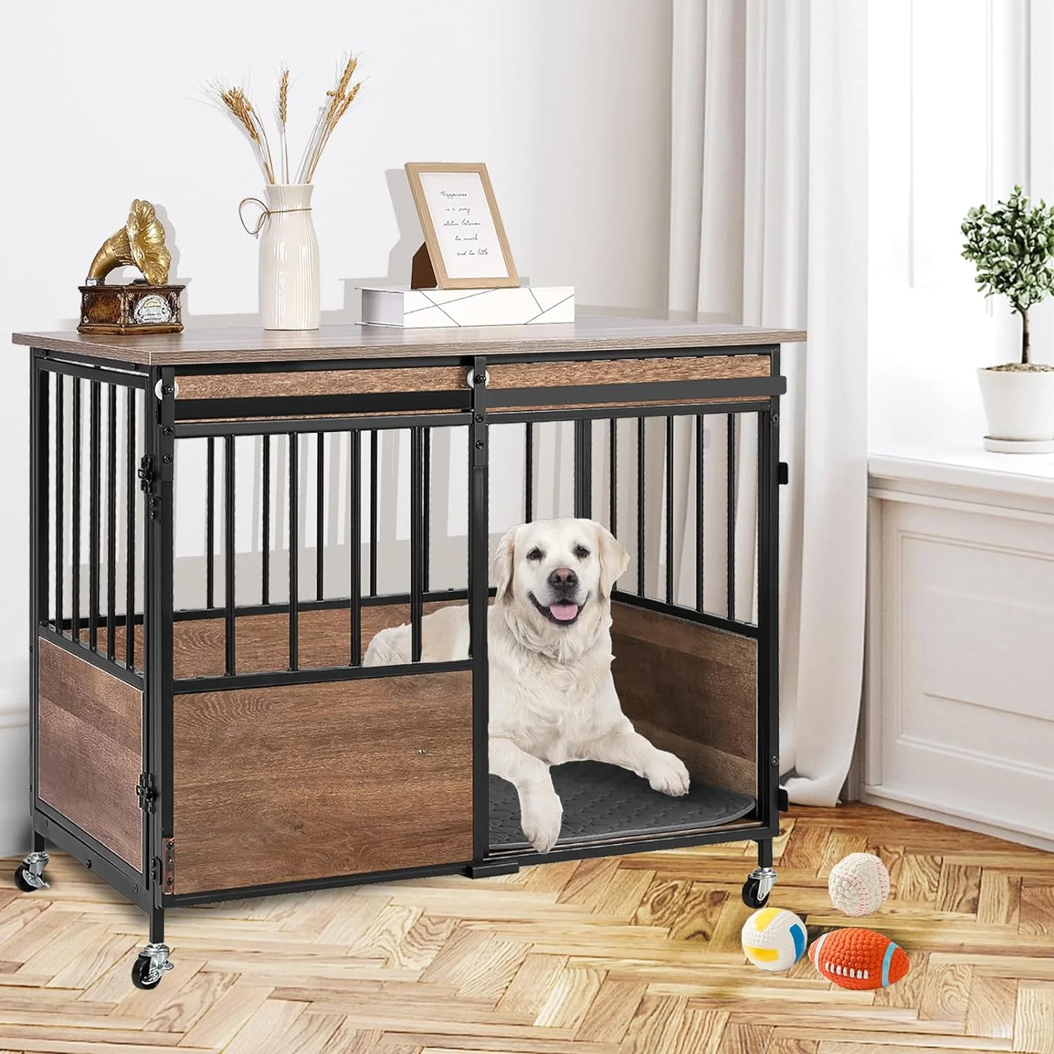 Aotiyer Dog Crate Furniture, 36" L Wooden Dog Kennel with Cushion, End Table, Anti-Chew Heavy-Duty Dog Kennel with Double Doors for Medium/Large Dogs
