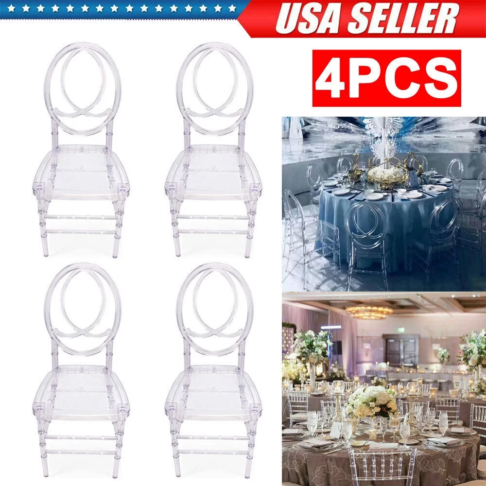 FOH Upgraded 4Pcs Cross Back Stacking In Clear Crystal Chiavari Ghost Chairs, Stackable Transparent Elegant Party Event Wedding Chairs