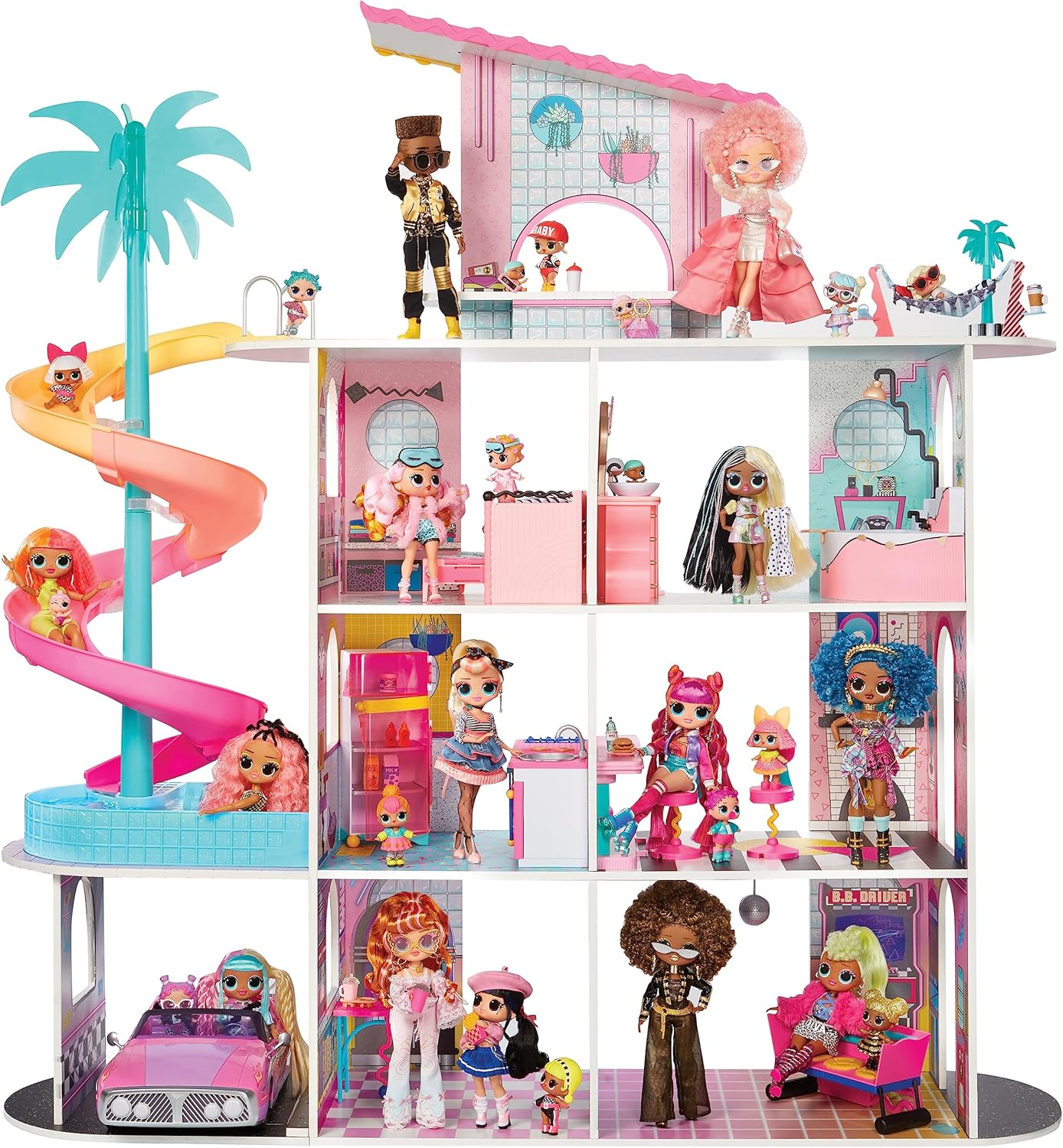 L.O.L. Surprise! OMG Fashion House Playset with 85+ Surprises and Made from Real Wood Including Pool, Spiral Slide, Rooftop Patio, Movie Theater