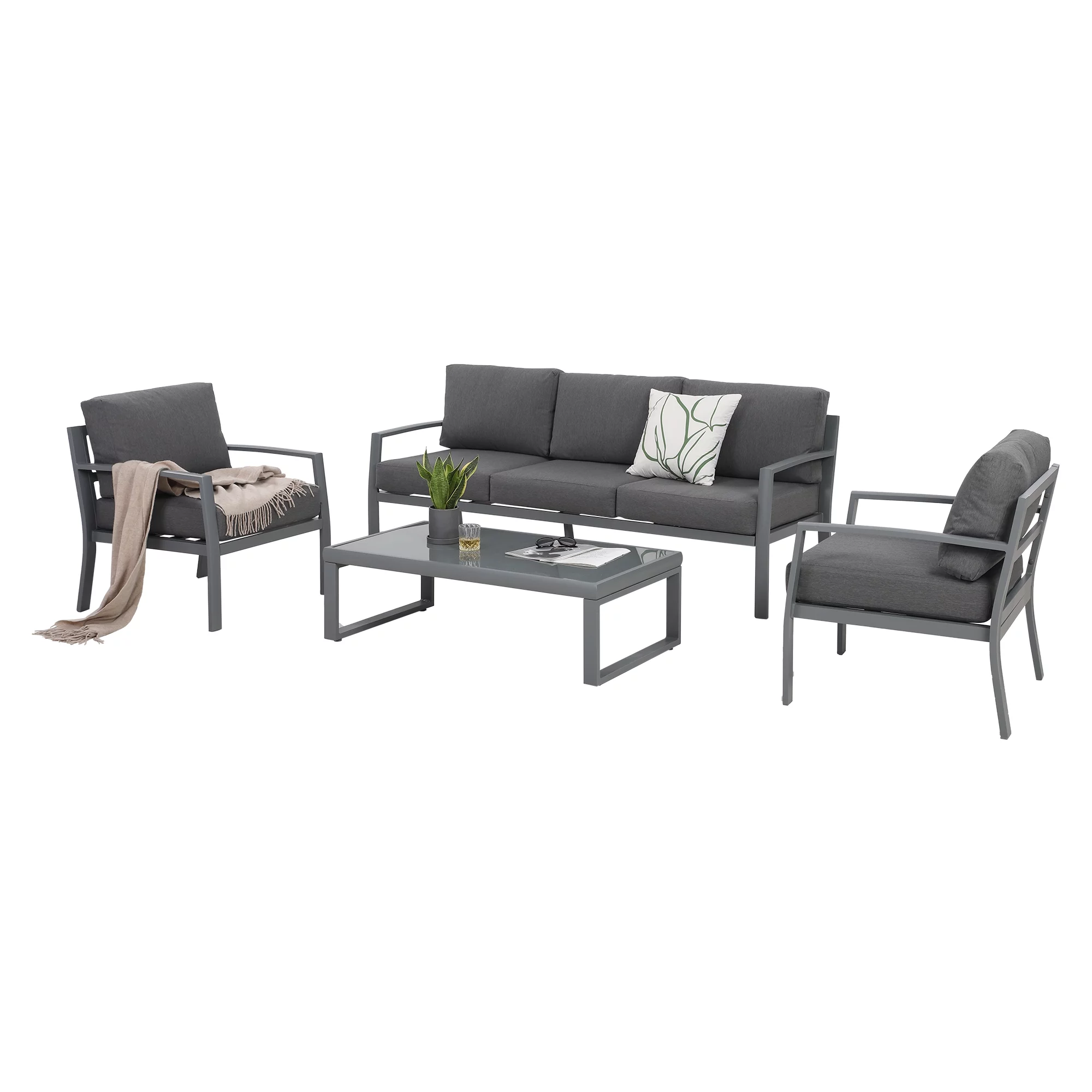 Superjoe Metal Patio Outdoor Furniture Set, 4 Piece Outdoor Deep Seating Conversation Sets with Tempered Glass Top Coffee Table