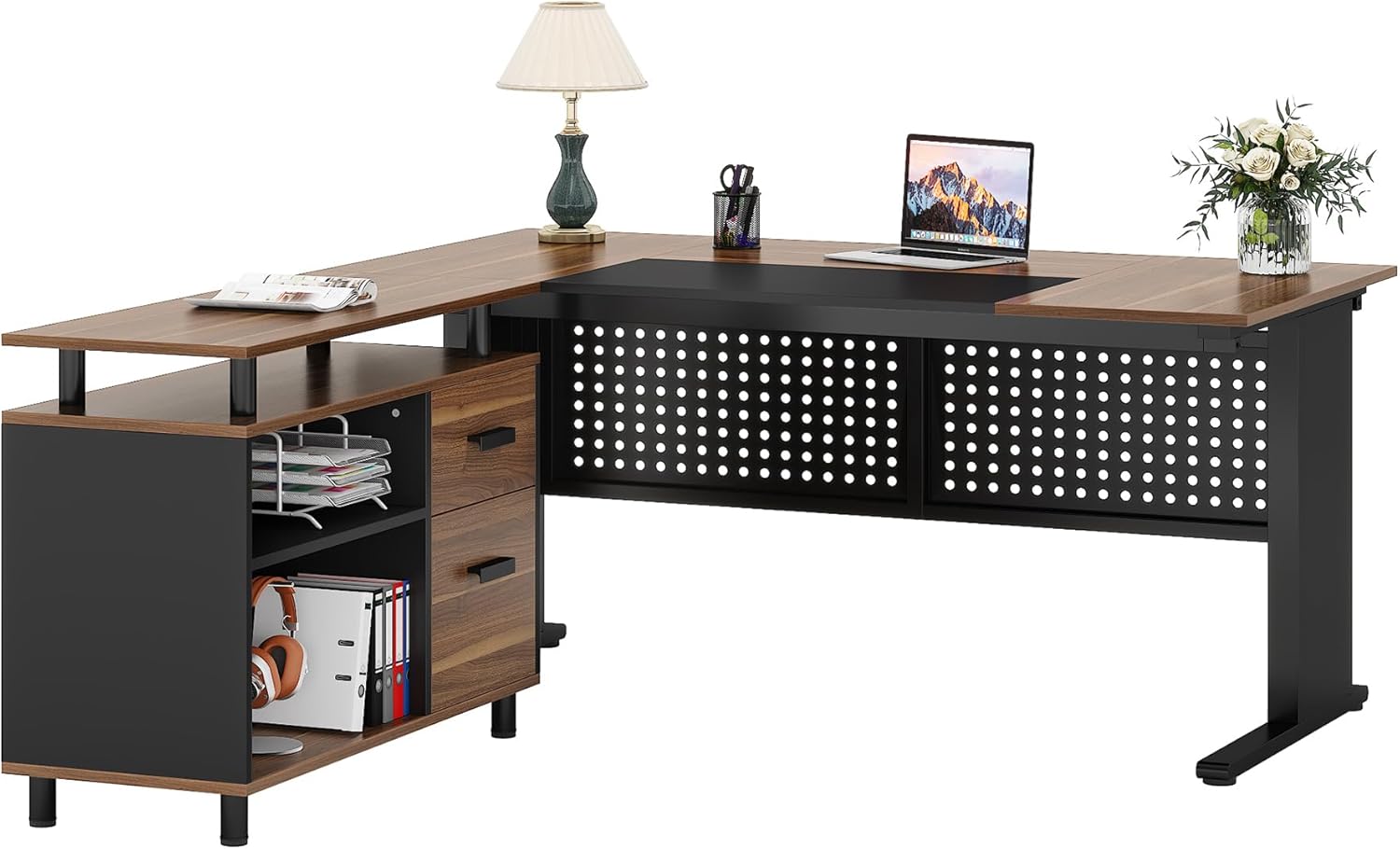 Large Computer Desk with File Cabinet, 63 Inch Executive Desk L Shaped Office Desk, Business Furniture Desk Workstation for Home Office