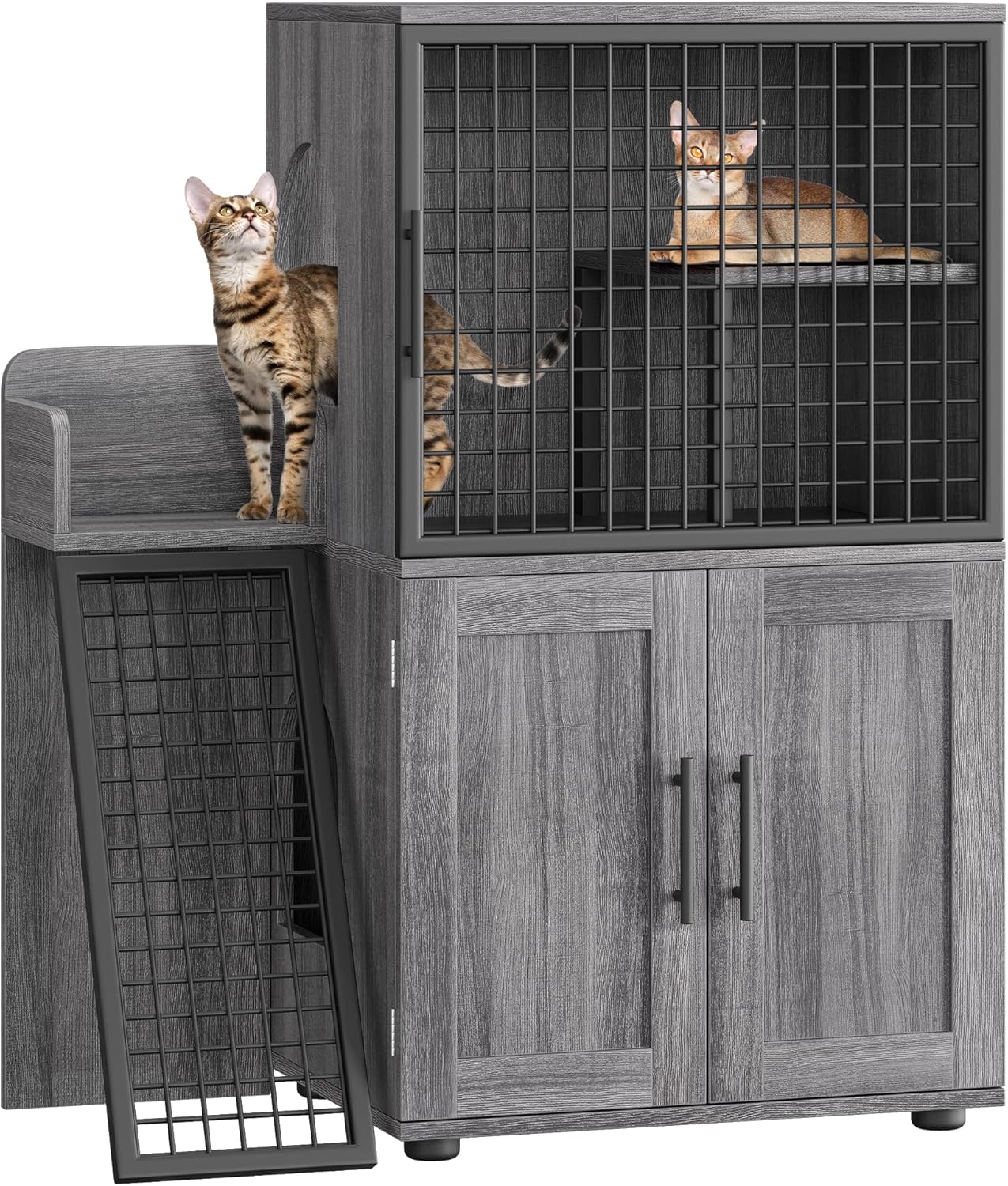 Towallmark Modern Villa Cat Litter Box Enclosure with Platform,Double Layer Cat Litter Hidden Furniture, Large Cat Cabinet with Ladder