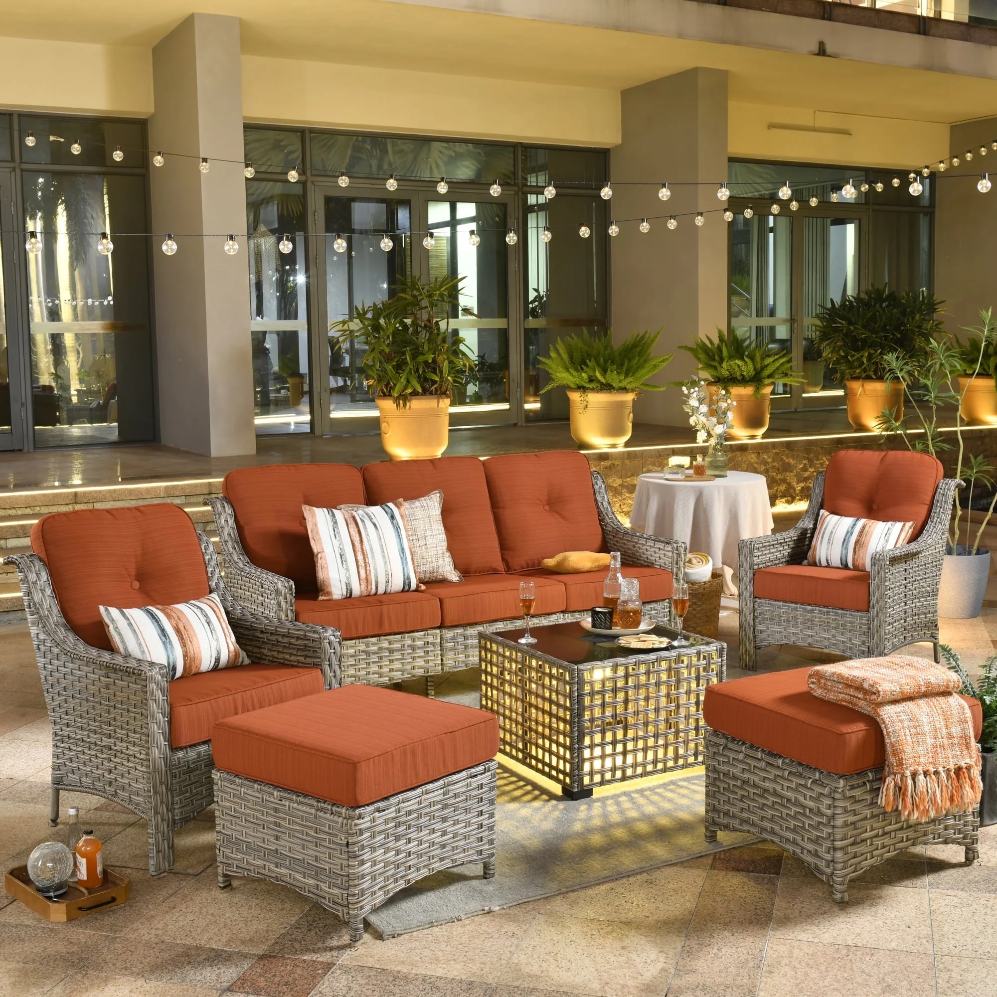 Ovios High-Back Outdoor Patio Furniture Set 6 Pieces Wicker Sectional Sofa Garden Conversation with Solar Lamps Coffee Table for Backyard